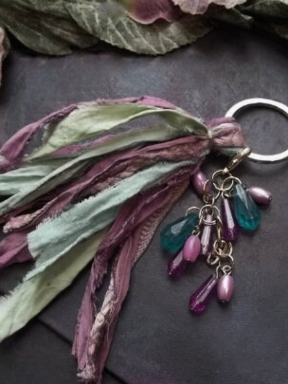 Purple Sari Silk Tassel Mint Green Keychain Boho Bag Charm Beads Pink